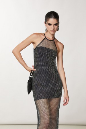 Patrizia Pepe Sleeveless Rhinestone Mesh Dress Pretas | 2805-DNIWA
